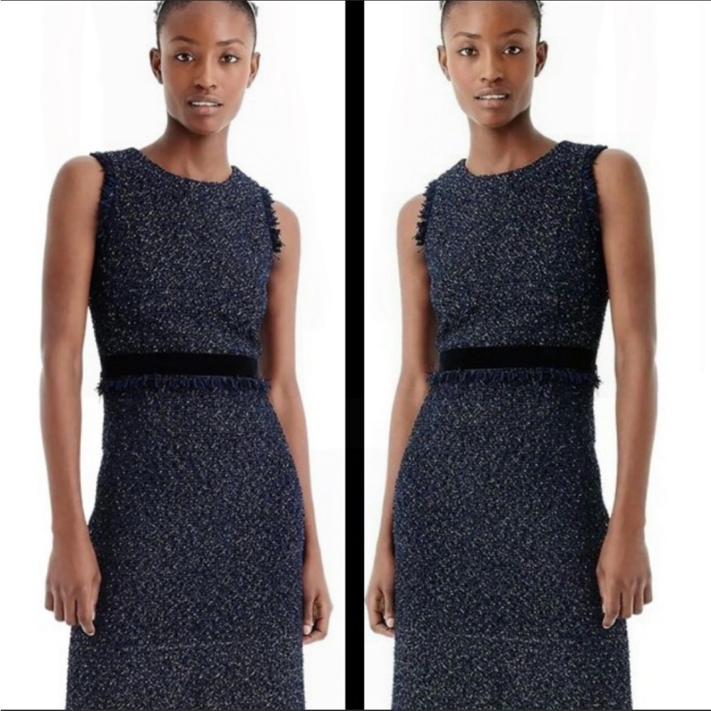 J Crew Sheath Dress Sparkling Constellation Tweed Navy Blue Black Velvet Party